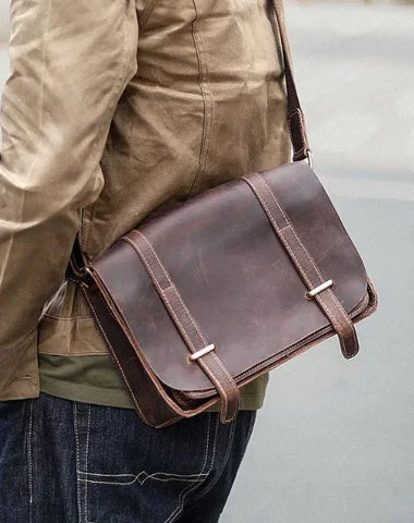 Cool Brown Leather Mens Casual 10" Courier Bags Messenger Bag Brown Postman Bag For Men