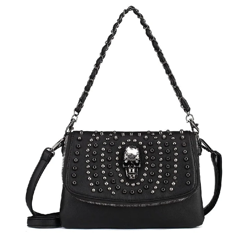 Women's Black Medium Size Stud Skull Shoulder Bag