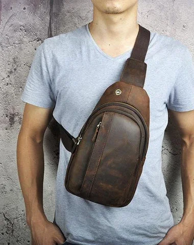 Cool Brown Mens Leather Chest Bags Sling Bag One Shoulder Backpack For Men