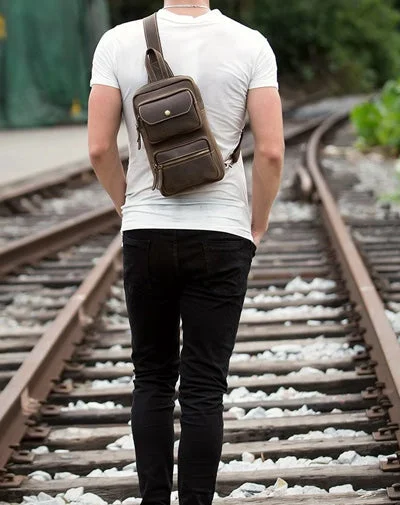 Cool Brown Leather Mens Sling Pack Sling Bags Coffee Crossbody Pack Chest Bag for men