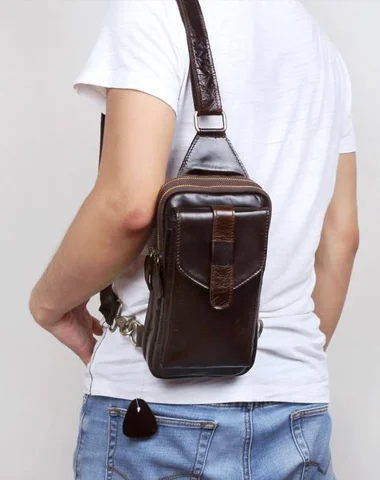 Genuine Leather Mens Cool Chest Bag Sling Bag Crossbody Sling Bag Travel Sling Bag for men