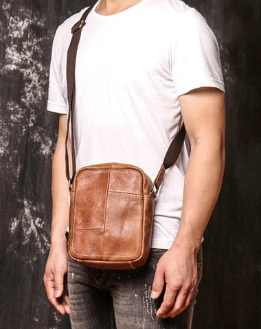 Brown Leather Vertical Messenger Bag Men's Small Side Bag Mini Phone Bag Courier Bag For Men