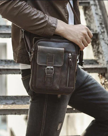 Dark Brown Leather Small Zipper Messenger Bag Vertical Side Bag Brown Courier Bag For Men