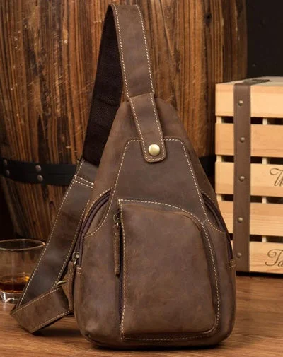 Vintage Brown Leather Mens Sling Bag Crossbody Pack Brown Cool Chest Bag for men