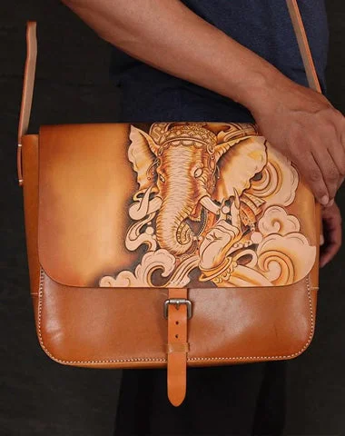 Brown Handmade Ganesha Tooled Leather Courier Bag Messenger Bag Side Bag For Men