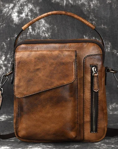 Vintage Brown Leather Men's Small Side Bag Vertical Business Messenger Bag Courier Bag For Men