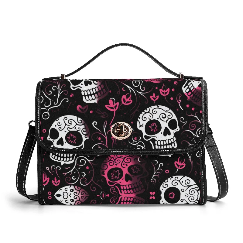 Stylish Pink and White Skulls Satchel with Shoulder or Hand Strap