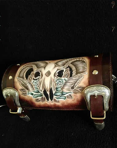 Cool Handmade RAM Skull Tooled Leather Mens Biker Saddle Bag Biker Barrel Side Bag Messenger Bag For Men