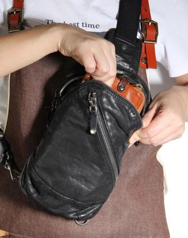 Handmade Genuine Leather Mens Cool Chest Bag Sling Bag Crossbody Bag Travel Bag Hiking Bag for men