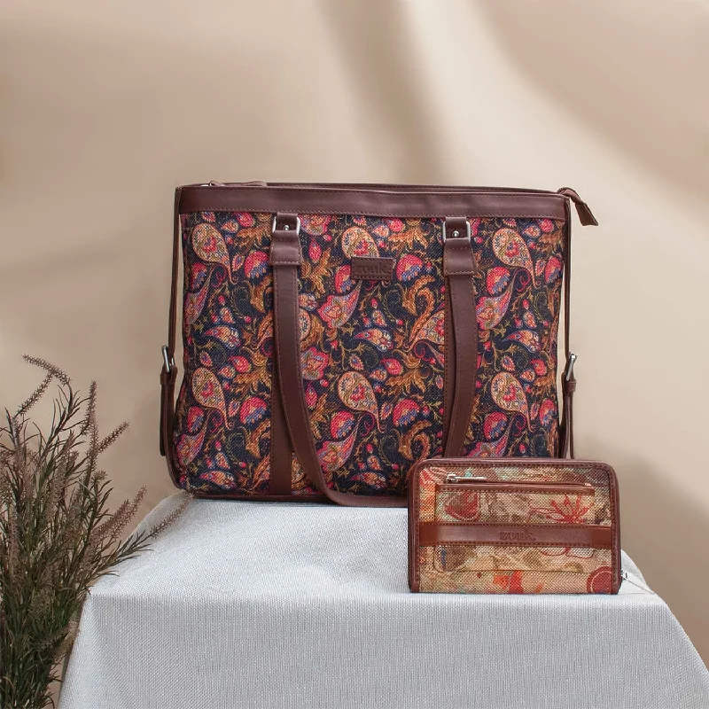 Paisley Print & FloLov - Women's Office Bag & Classic Zipper Wallet Combo