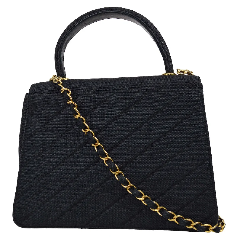 Chanel 1991-1994 Black Linen Chain 2way Handbag