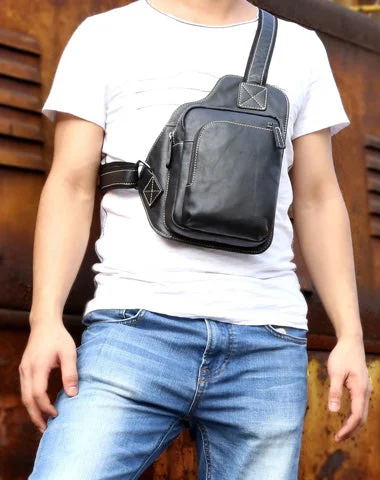 Genuine Leather Mens Cool Chest Bag Sling Bag Crossbody Bag Travel Bag Hiking Bag for men