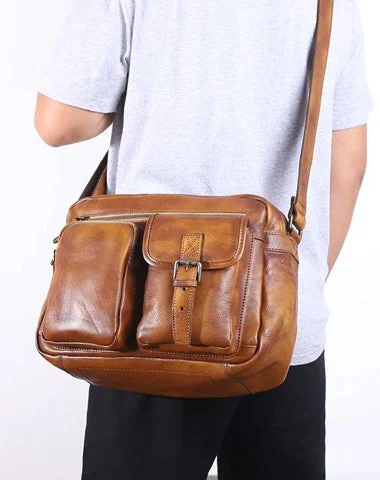 Brown Cool Leather Mens 14 inches Side Bag Gray Courier Bag Messenger Bag for Men