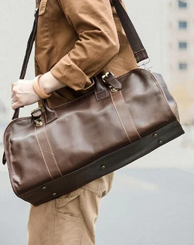 Black Leather Mens Casual Large Travel Bags Shoulder Weekender Bags Brown Duffle Bag For Men