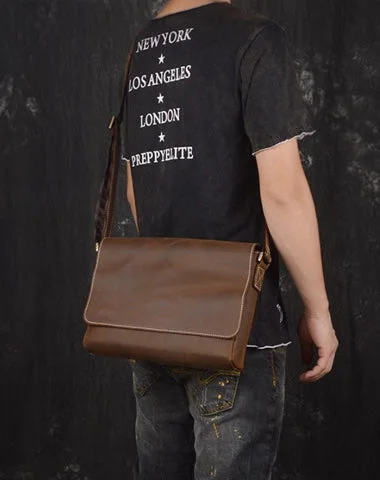 Brown Leather Mens 10 inches SMall Laptop Side Bag Courier Bag Messenger Bag Postman Bag For Men