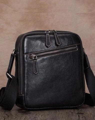 Vintage Small Vertical Leather Black Small Messenger Bag Brown Side Bag Courier Bag for Men