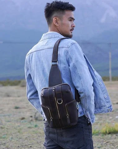 Handmade Genuine Leather Coffee Mens Cool Sling Pack Bag Crossbody Bag Chest Bag for men