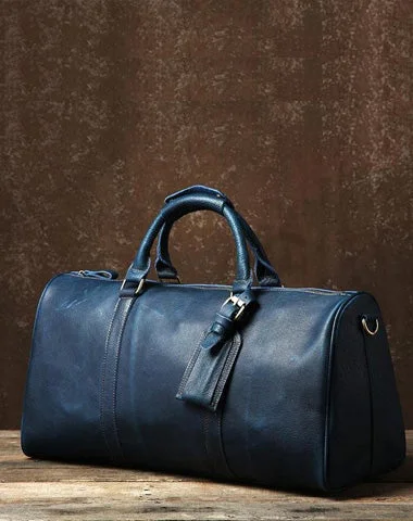 Genuine Leather Mens Large Blue Travel Bag Cool Duffle Bag Shoulder Bag Weekender Bag for Men