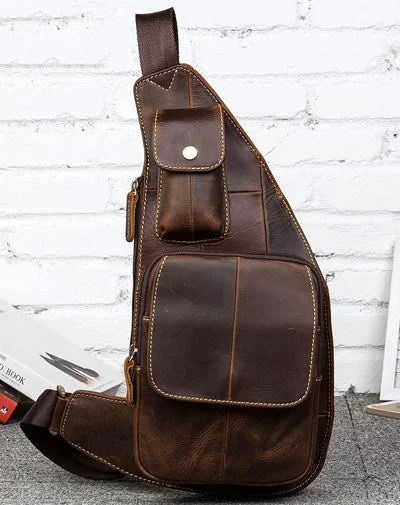 Vintage Brown Leather Mens Cool Chest Bag Sling Bag Tan Crossbody Pack for men