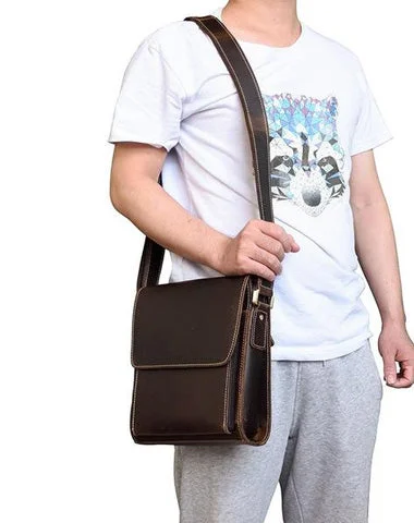 Vintage Brown  Leather Men's Small Side Bag Vertical Messenger Bag Tablet Bag For Men