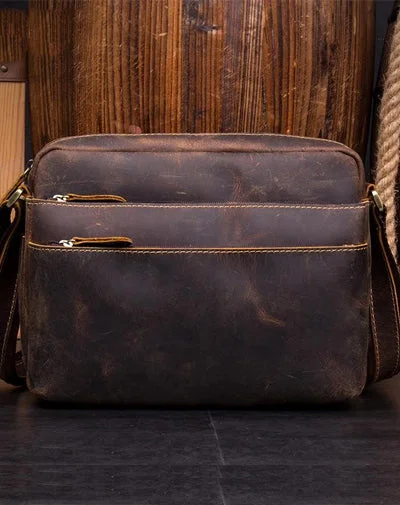 Casual Coffee Leather 10 inches Small Courier Bag Messenger Bags Postman Bags for Men