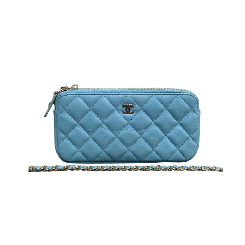 Wallet on Chain WOC Small Lambskin Quilted Light Blue GHW