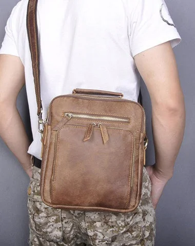 Brown Cool Leather Small Vertical Side Bag Briefcase Messenger Bag Brown Handbag Shoulder Bag For Men