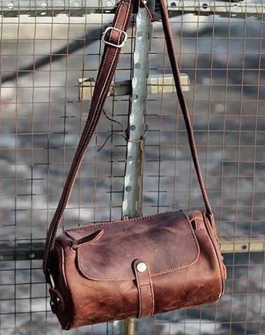 Vintage Leather Small Barrel Messenger Bag Shoulder Bag For Men