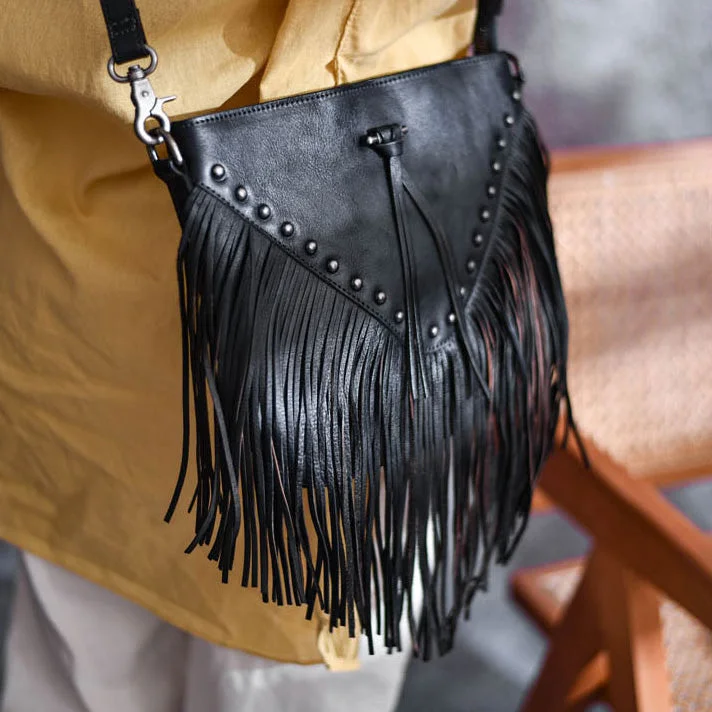 Boho Ladies Black Leather Fringe Purse Cross Shoulder Bag