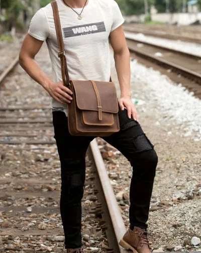 Cool Dark Brown Leather 10 inches Vertical Courier Bag Side Bags Messenger Bag for Men