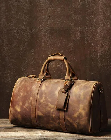 Genuine Leather Mens Large Camel Travel Bag Cool Duffle Bag Shoulder Bag Weekender Bag for Men