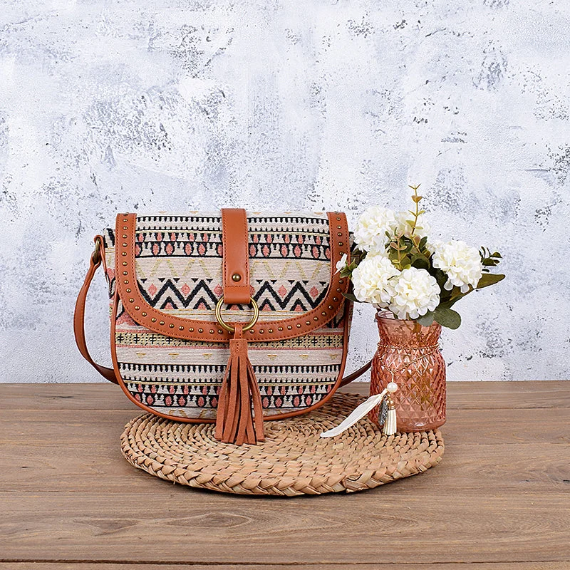 Womens Fabric Cross Body Bag With Fringe Crossbody Boho Bag For Women