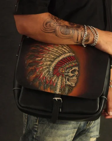 Handmade Black Tooled Indian Chief Skull Leather Courier Bag Messenger Bag For Men