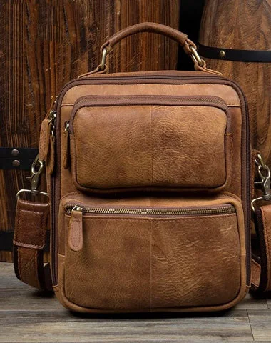 Brown Casual Leather 10 inches Vertical Side Bags Messenger Bag Courier Bag for Men