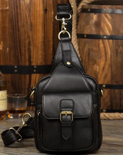 Cool Black Leather Mens Sling Bag Black Sling Pack Crossbody Pack Black Chest Bag for men