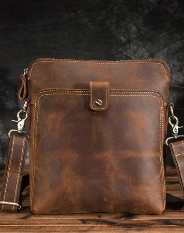 Vintage Brown Leather Men's Small Vertical Messenger Bag Side Bags Courier Bag For Men