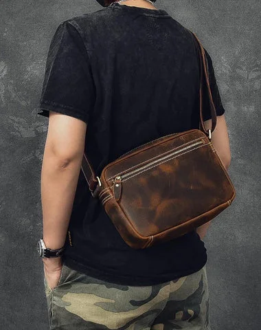 Vintage Leather Mens 8' Brown Saddle Side Bag Messenger Bag Small Postman Bag For Men