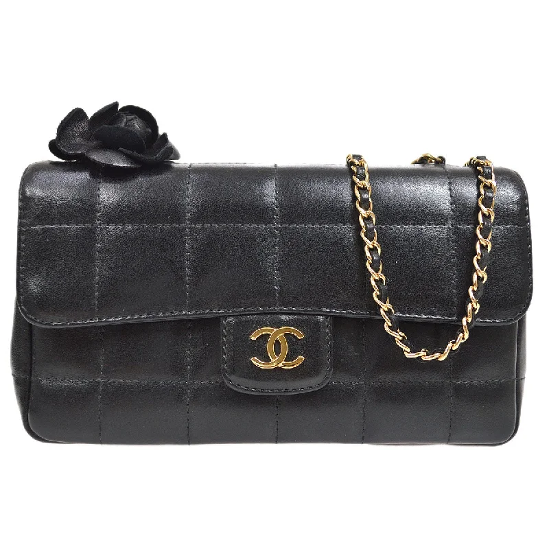 CHANEL 2003-2004 Camellia Choco Bar Shoulder Bag Mini Black Lambskin