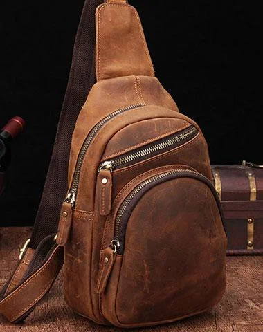 Cool Vintage Brown Leather Chest Bag Sling Bags Crossbody Sling Bag One Shoulder Backpack For Men