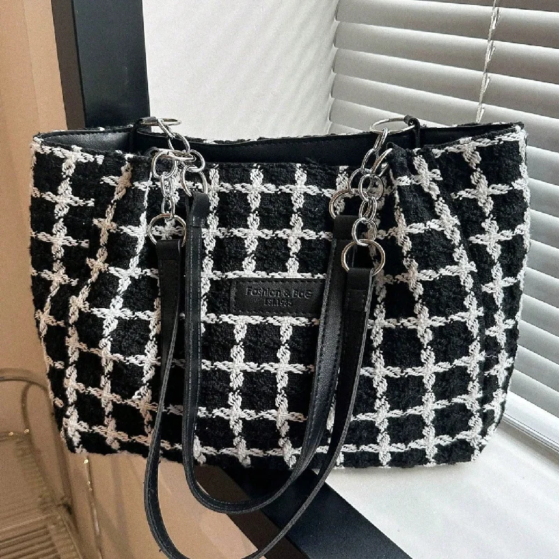 Tweed Black & White Handbag Zipper Shoulder Bag