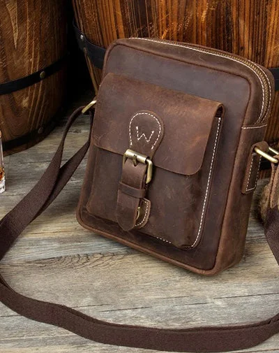 Casual Dark Brown Leather Mens Mini Vertical Messenger Bag Small Side Bags Postman Bag for Men