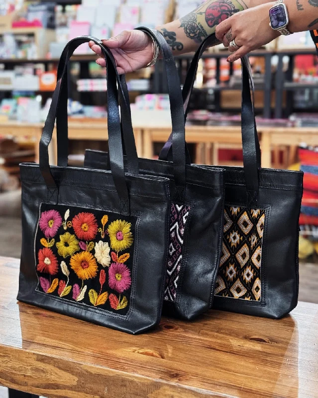 Black Leather Embroidered Tote