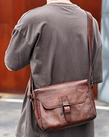 Cool Brown Men Leather Camera Side Bag Tan SLR Camera Leather Cube Messenger bag For Men