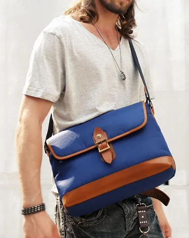 Blue Nylon Leather Mens Casual Side Bag Small Messenger Bags Casual Courier Bags for Men