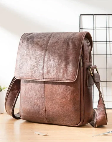 Casual Leather Mens 8 inches Vertical Side Bag Brown Messenger Bags Postman Bag for Men