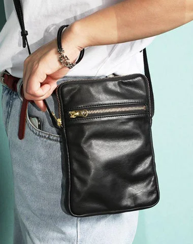 CASUAL BLACK LEATHER MEN'S 8 INCHES MIni Vertical Side Bag MESSENGER BAG BLACK PHONE Courier BAG FOR MEN