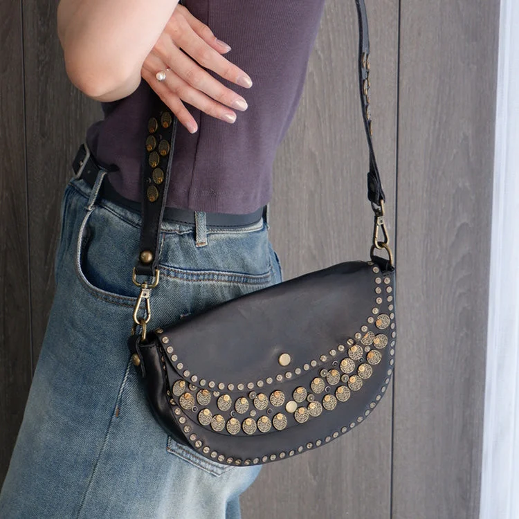 Studded Women's Shoulder Bags Leather Black Crossbody Bags For Women