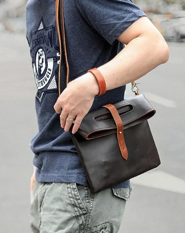 Dark Coffee  Leather Mens Casual Small Side Bags Messenger Bags Brown Postman Bag For Men