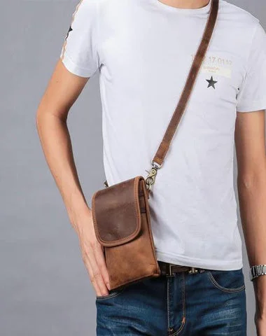 Cool Brown Leather Mens Mini Shoulder Bag Belt Pouch Waist Bag For Men