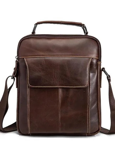 Cool Brown Leather Men's Small Vertical Messenger Bag Brown Small Side Bag For Men